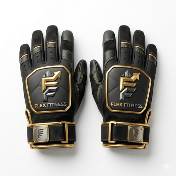 Flex Fitness premium black and gold leather weightlifting gloves