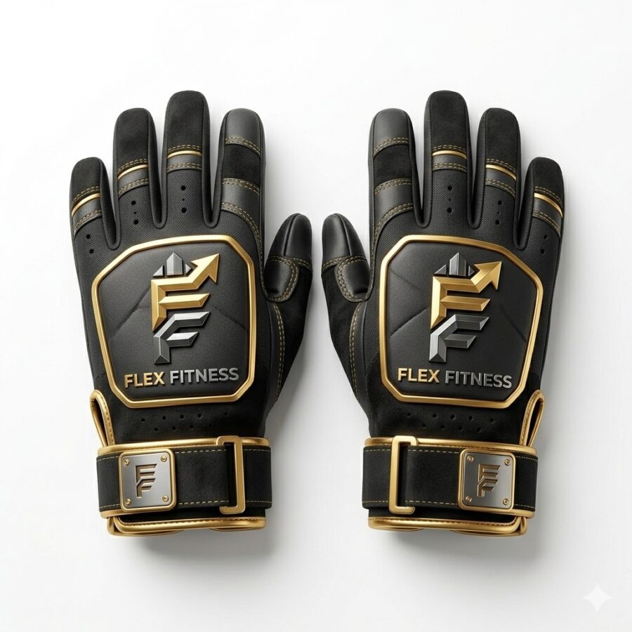 Flex Fitness premium black and gold leather weightlifting gloves